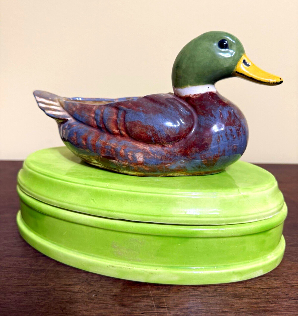 Vintage Atlantic Mold Ceramic Mallard Duck Lidded Trinket Box Hand Painted MCM
